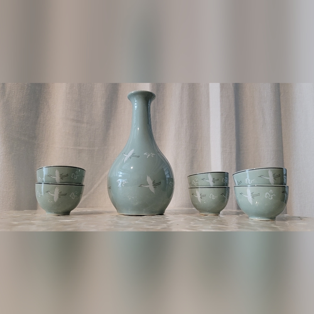 Celadon Green Korean Sake Set with 6 Cups